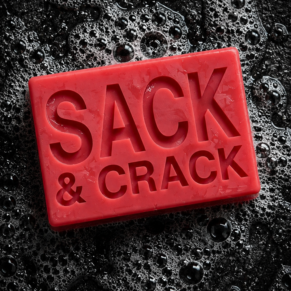 A rectangular red soap bar embossed with the words 'SACK & CRACK' in a dark, bubbly, wet background.